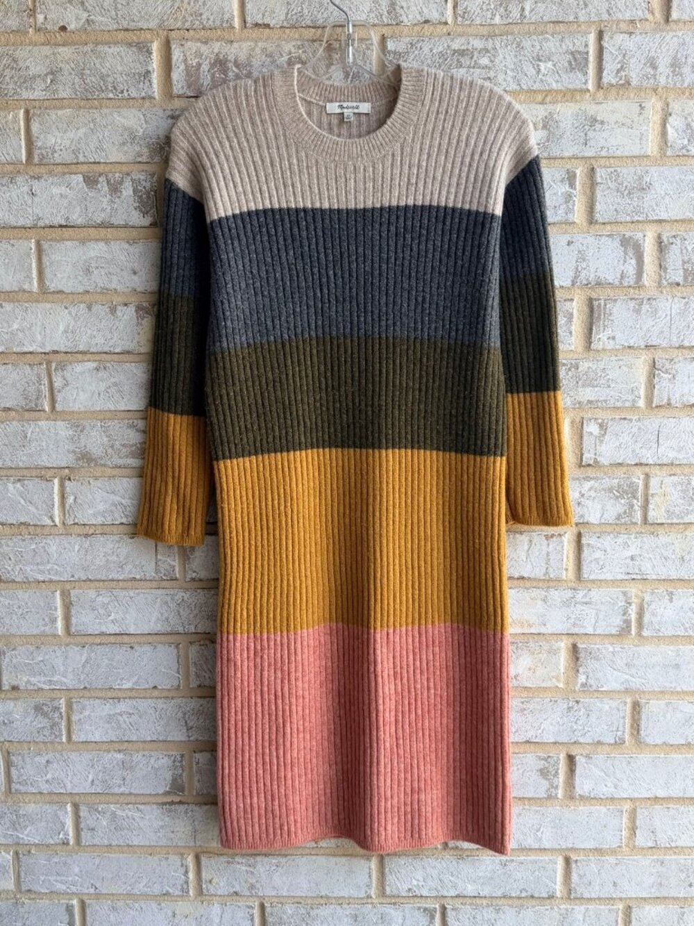 Madewell Long Sleeve Crew Neck Colorblock Wool Blend Sweater Dress Size XS.